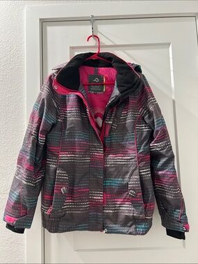 Insulated Hooded Jacket - Gray with Pink & Teal Accents top left pocket.